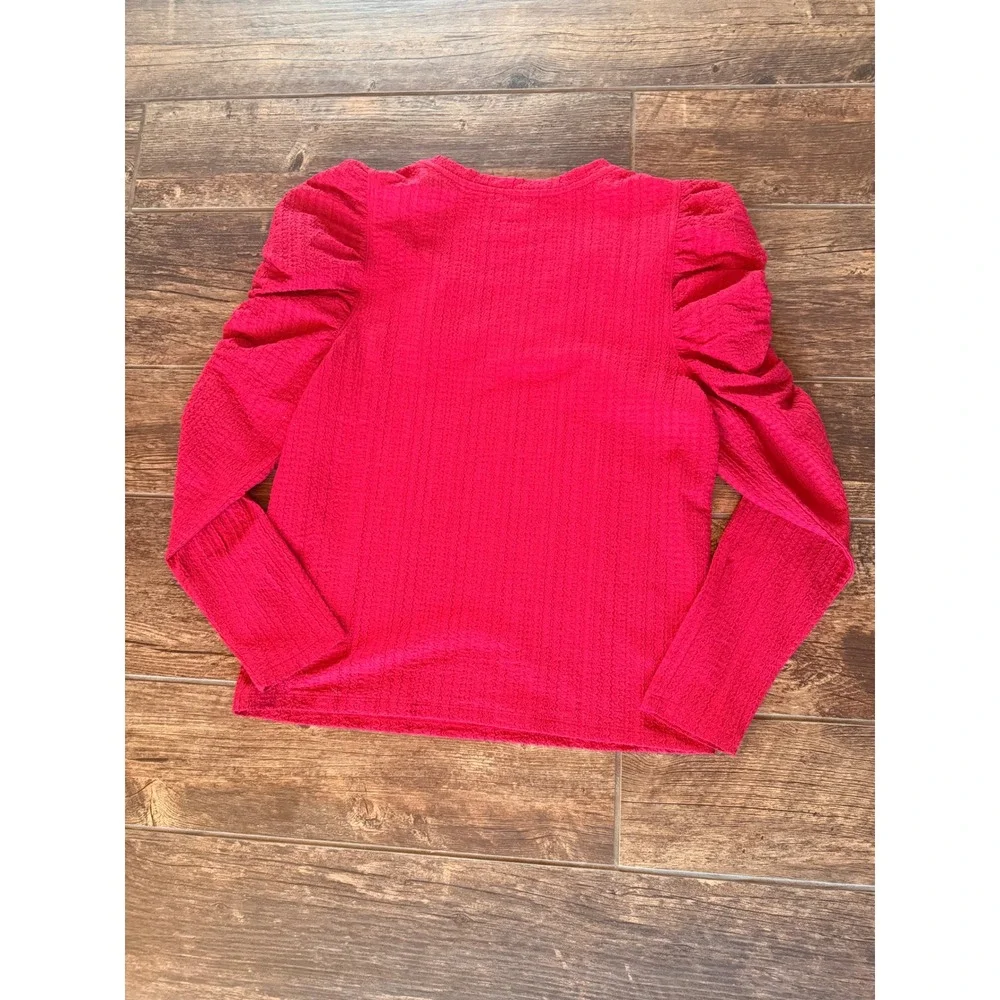 LOFT Red Textured V-Neck Top Ruched Puff Sleeve Blouse